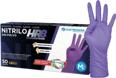 Guantes Desechables de Nitrilo Morados Cuatrogasa HR 8