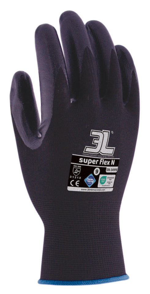 Guantes SUPER FLEX N SN-349N | 3L · 7, Negro, 12 unidades, 8, 9, 10