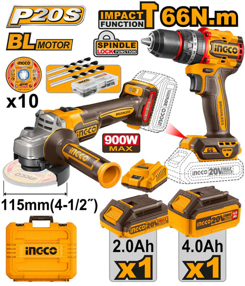 Ingco P20S Brushless taladro, amoladora y baterias 4.0ah y 2.0ah