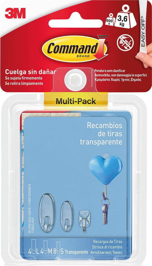 Pack de 8 unidades / Transparente Tiras Adhesivas Command 17200CLR de 3M