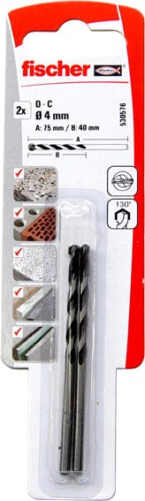 4x40x75 mm / 2 Uds Fischer Broca Extra Hormigon DC · 5x50x85 mm, 1 Ud, 6x60x100 mm, 8x80x120 mm, 10x80x120 mm, 12x85x150 mm, 4x40x75 mm, 2 Uds